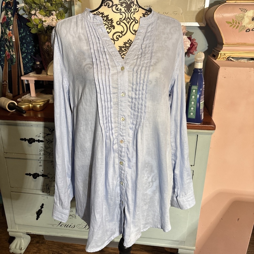 MALVIN I Love 100% Linen Top Blouse Womens L Blue V-Neck‎ Button Front Pintuck.